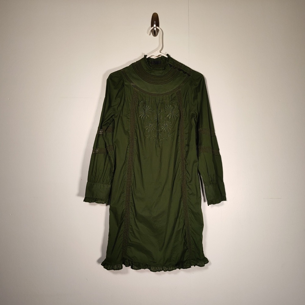 J.Crew Olive Green Embroidered Lace Victorian Ruffle Mini Dress XS Long Sleeve